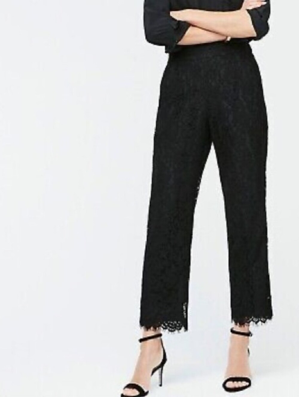 J. Crew Pull On Black Lace-Hem Cropped Pants Elastic Waist
